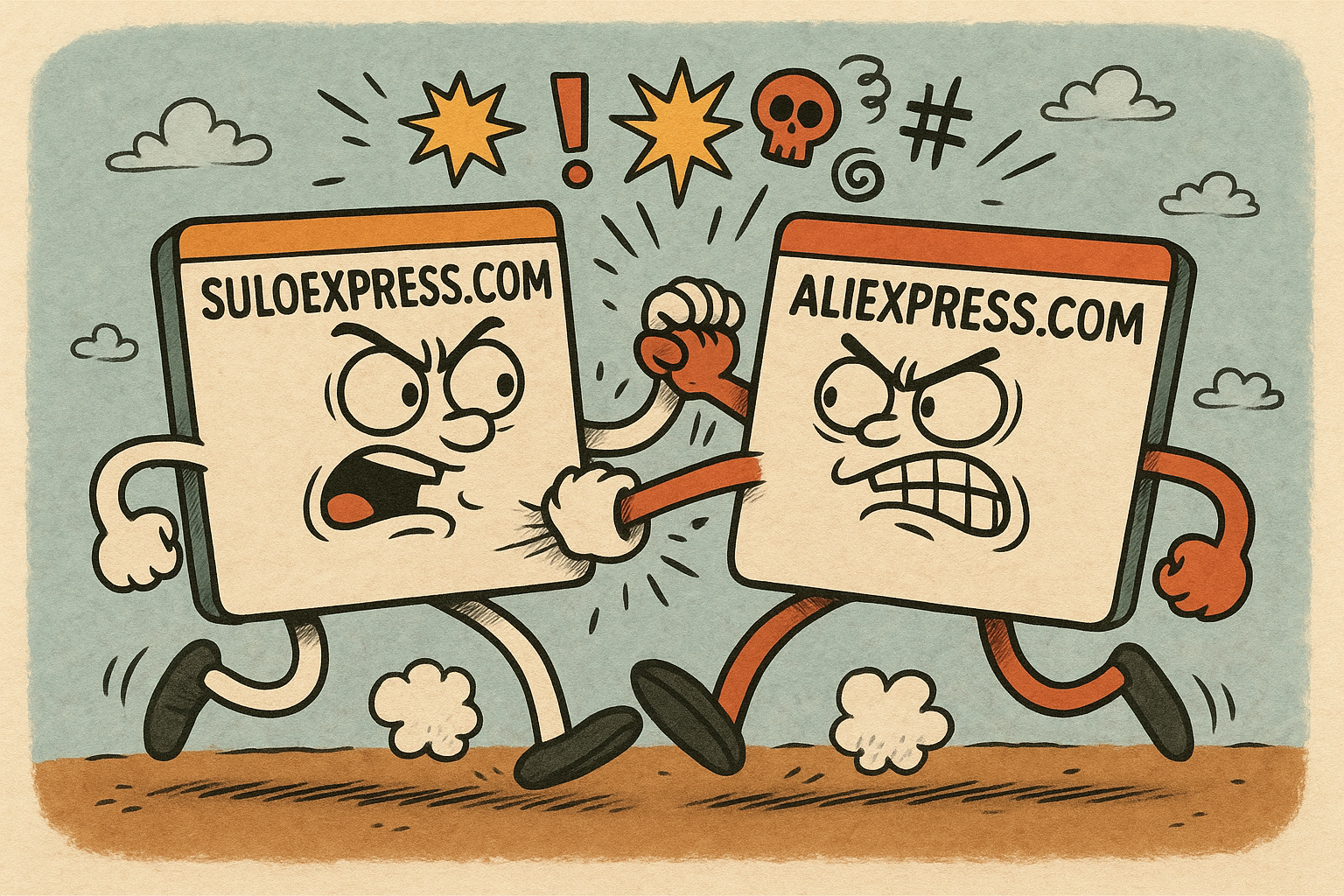 Suloexpress ve AliExpress rekabetini konu alan komik karikatür